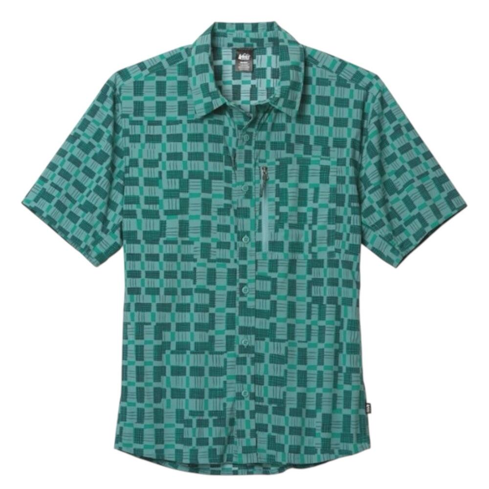 REI Trailmade Men's Short Sleeve Button Up Shirt Green Geo Print‎ Size Small